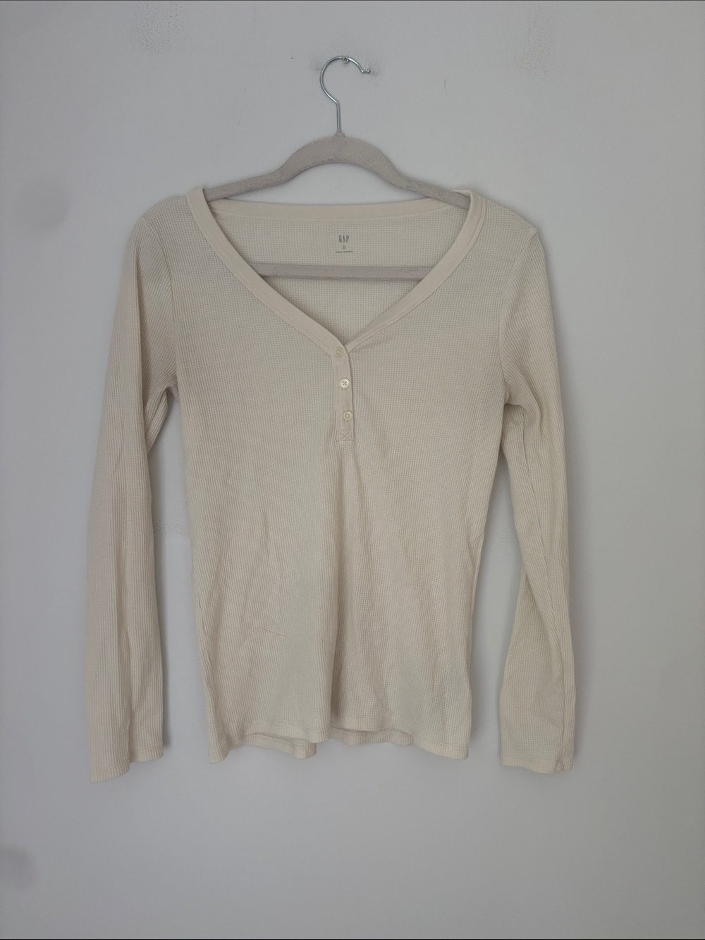 Gap Cream Waffle Knit V Neck Henley Long Sleeve Size Small